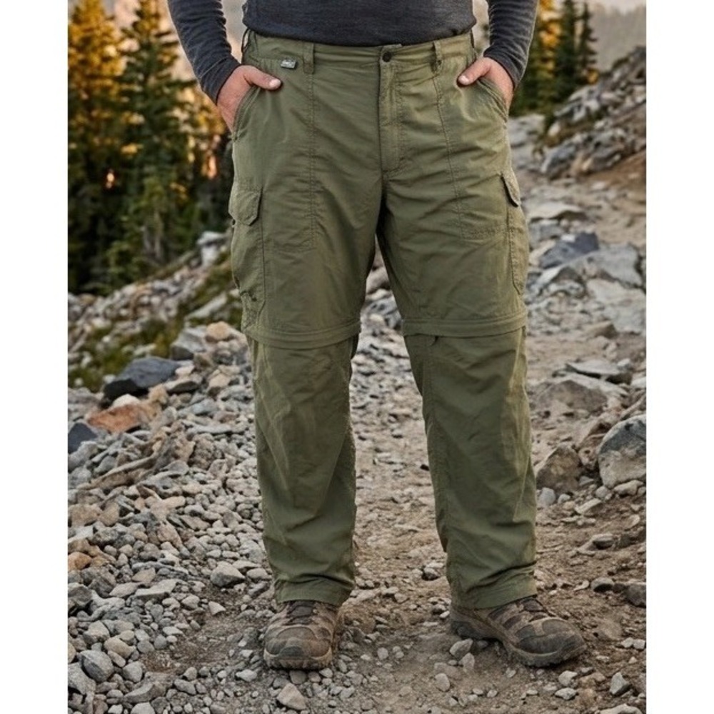 REI Men's Convertible Hiking Cargo Pants XXL 32L Green Nylon Zip‎ Off UPF 50+